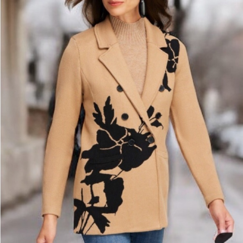 Chico's Floral Knit Longline Blazer
Jacket Camel & Black -Size 2 / Large
NWOT